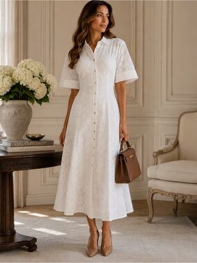 Marella Sport Size 6 S White Eyelet Embroidered Maxi Shirt Dress Italian Resort